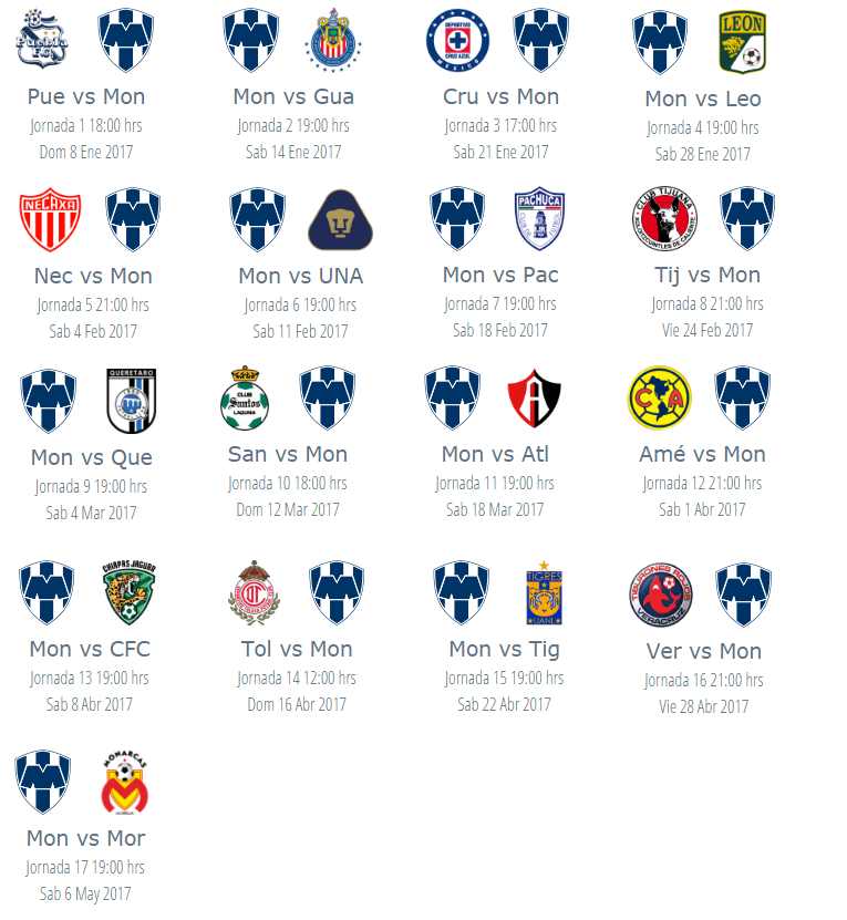 Calendario de Rayados Monterrey Clausura 2017 futbol mexicano